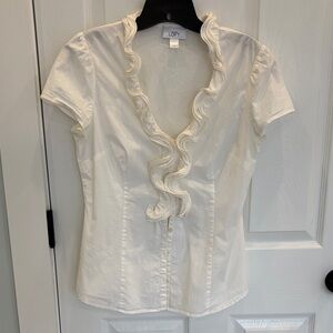 LOFT Cream Ruffle V-Neck Short Sleeve Blouse
